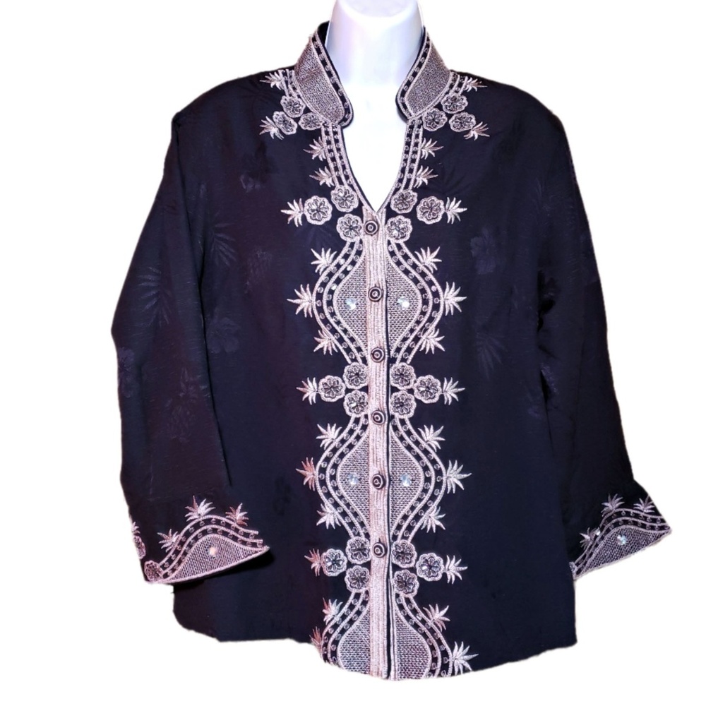 Carole Little Beaded Silk Button Blouse Large